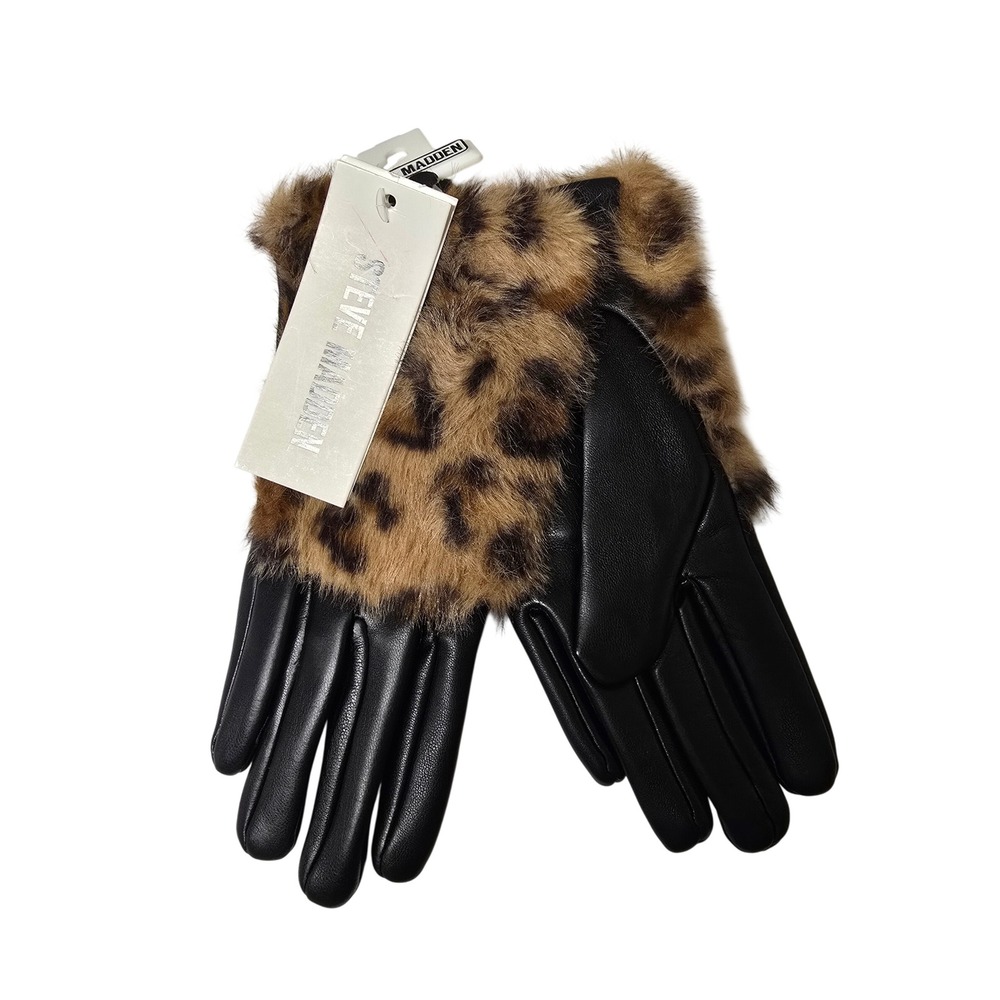 Steve Madden Womens Faux Leather Leopard Faux Fur Trim Gloves Black NWT